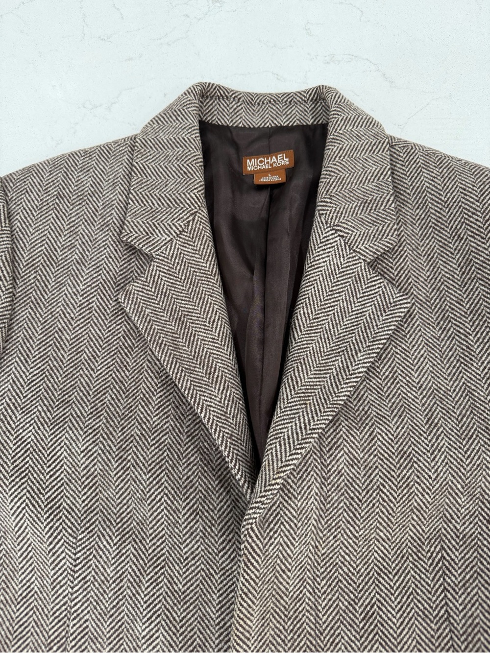 Michael Kors 100% Wool Men's Taupe Herringbone Wool Pea Coat - Picture 9 of 15